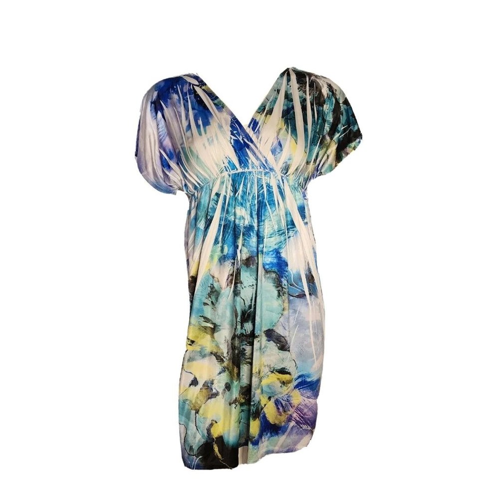 IN San Francisco Blue Purple Short Sleeve Sublimation Dress Womens Size M Medium